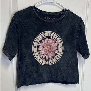 Fifth Sun Black Mineral-Wash Cropped Tee with Pink Floral Emblem 100% cotton